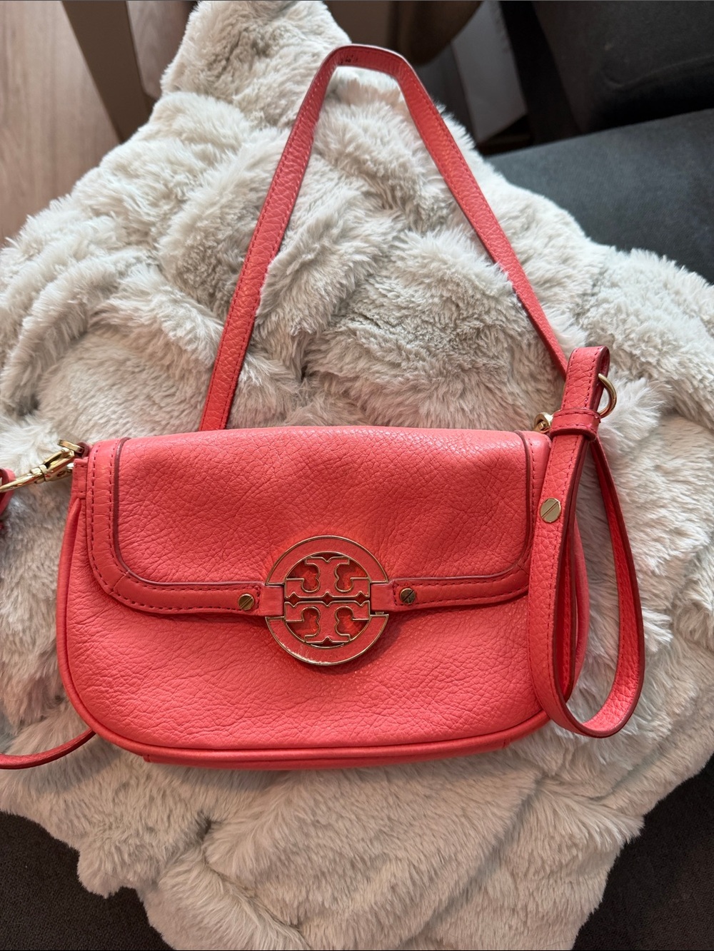 Tory Burch Coral-Red Leather Crossbody with Logo Medallion